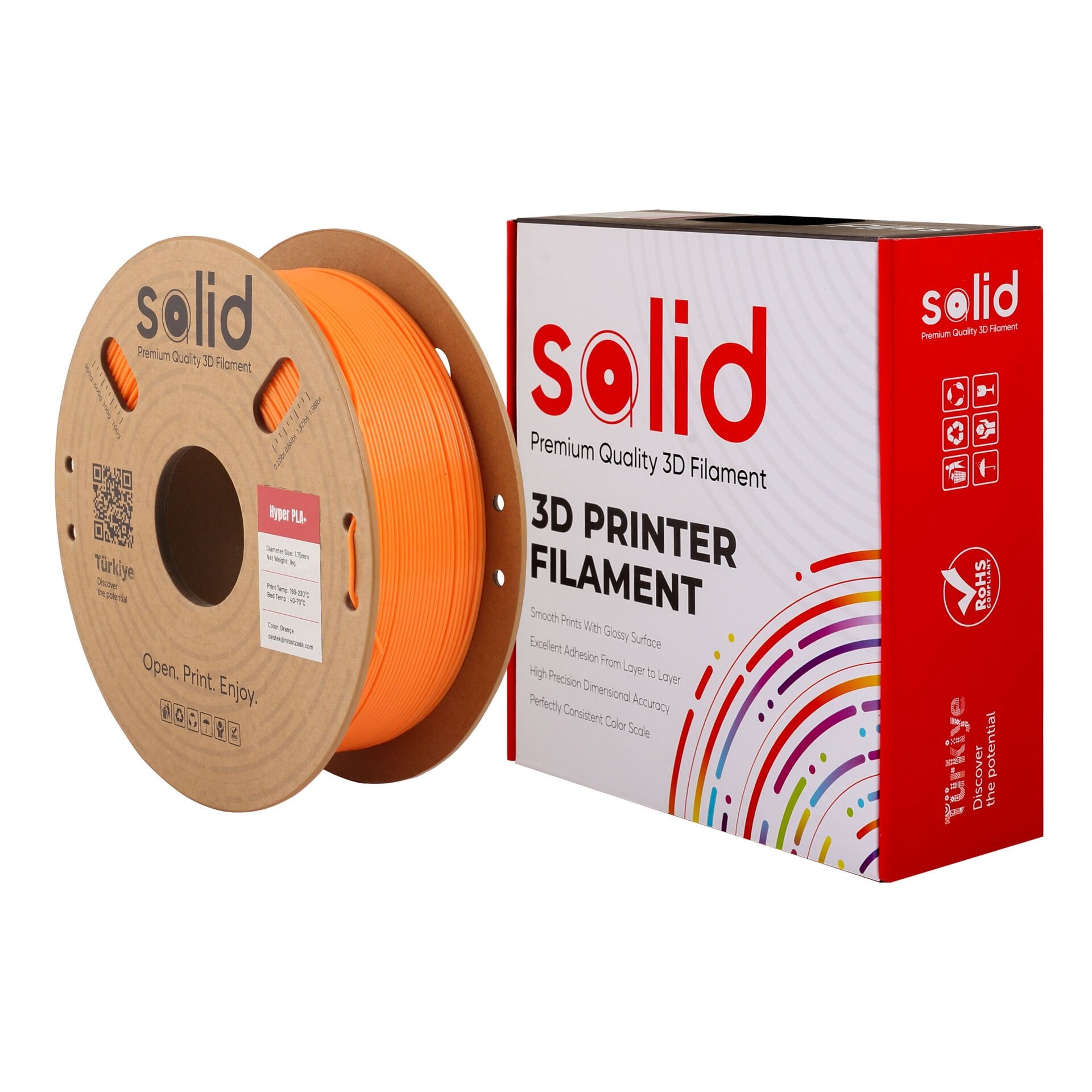 Solid Hyper PLA+ Turuncu filament makarası ve karton kutusu