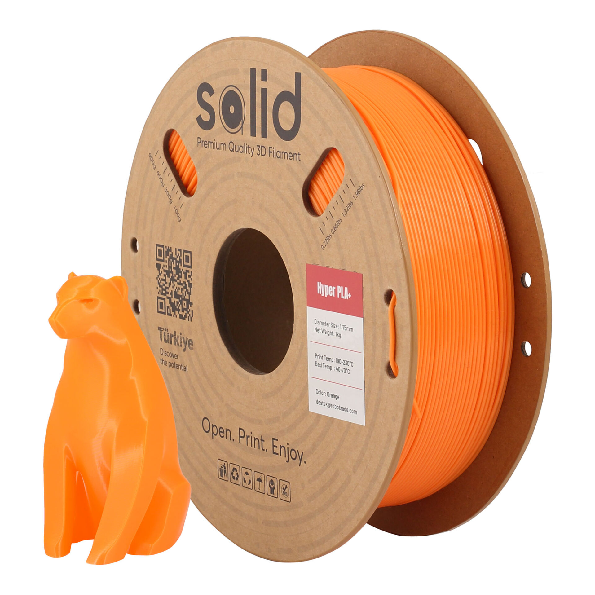 Solid Hyper PLA+ Turuncu filament makarası ve bu filamentle basılmış low-poly figür
