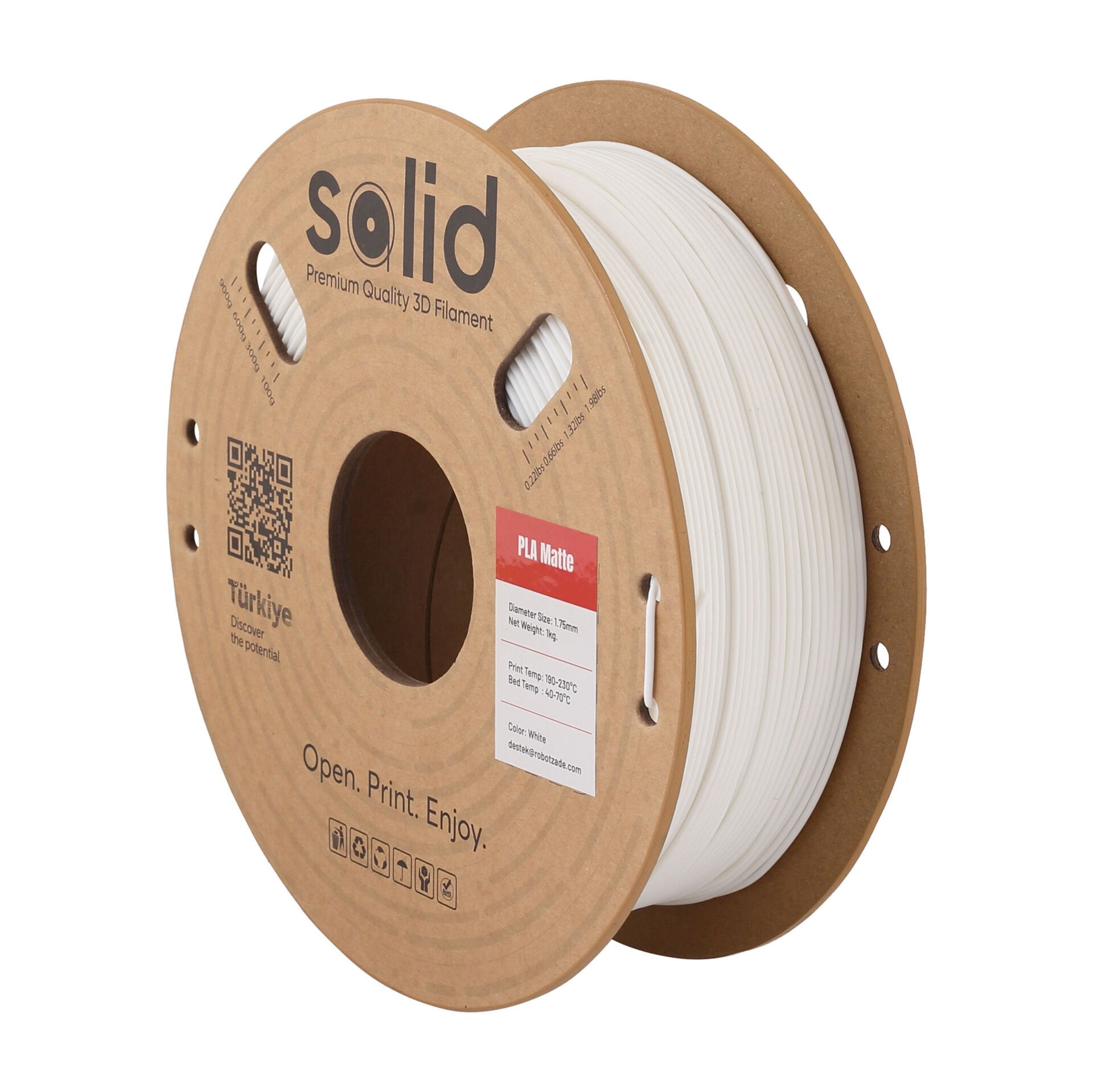 Solid PLA Matte Beyaz Filament 1.75mm - 1Kg