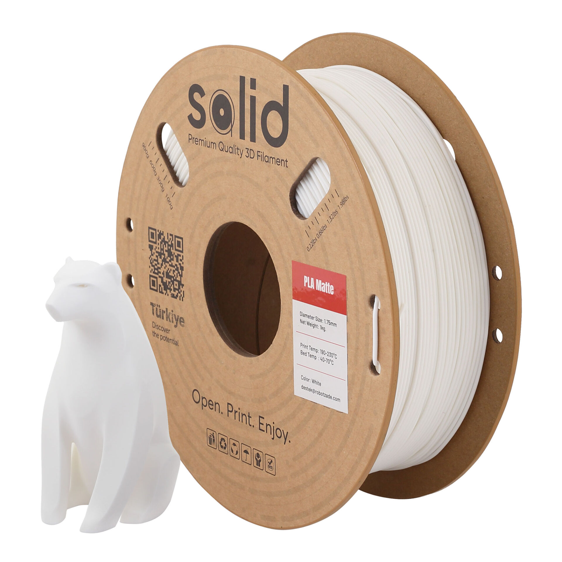 Solid PLA Matte Beyaz Filament 1.75mm - 1Kg