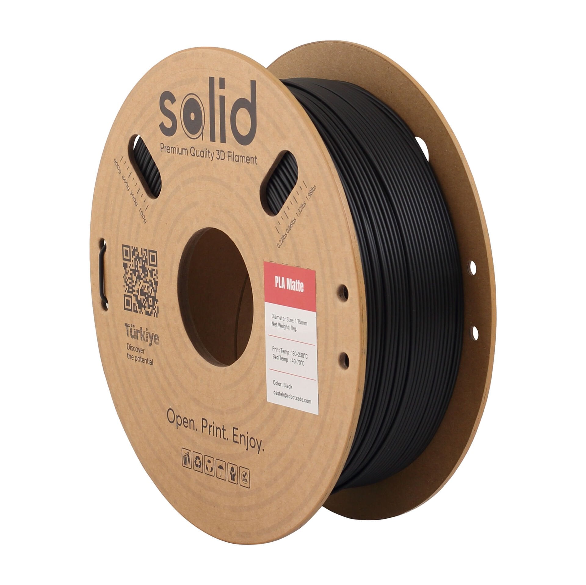 Solid PLA Matte Siyah Filament 1.75mm - 1Kg
