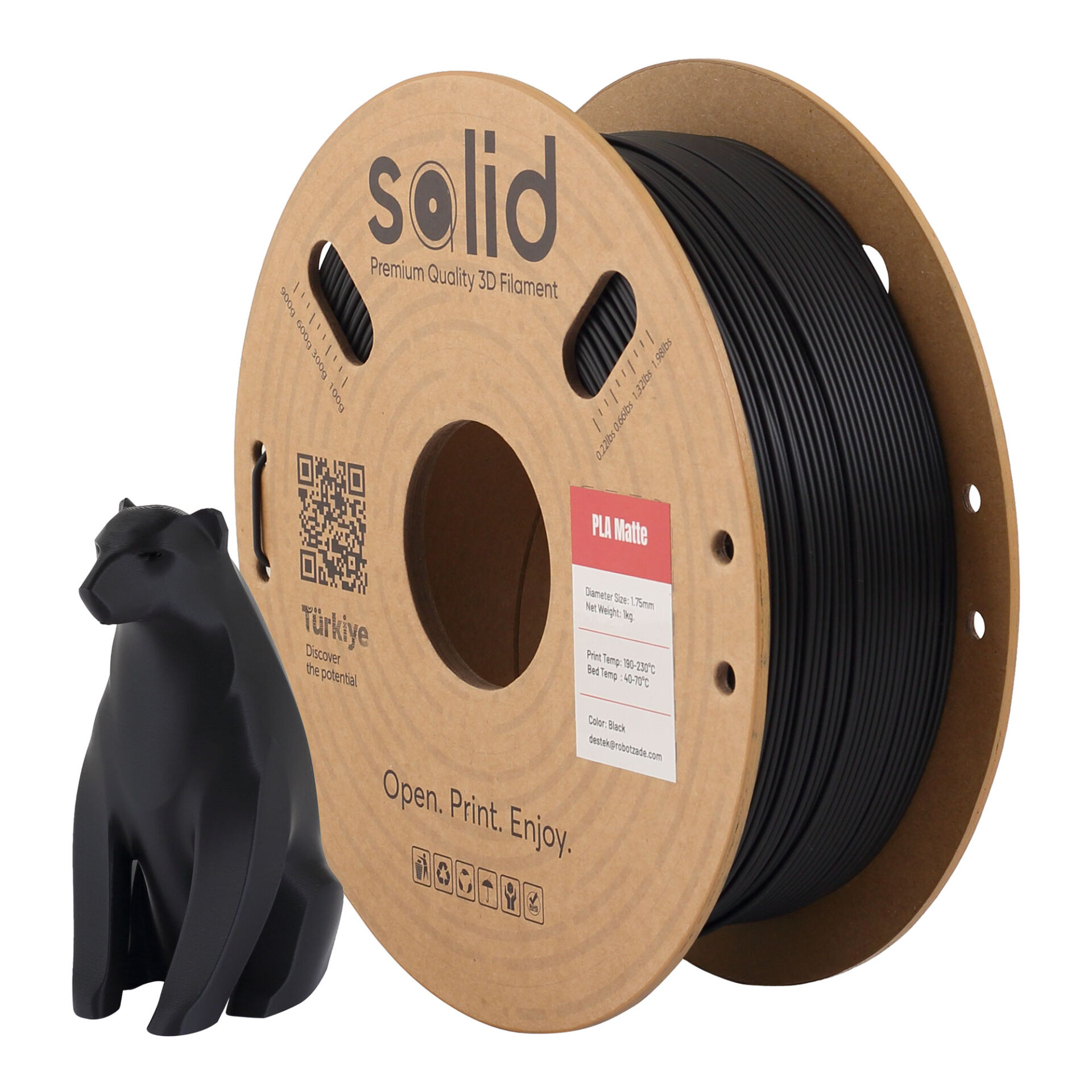 Solid PLA Matte Siyah Filament 1.75mm - 1Kg