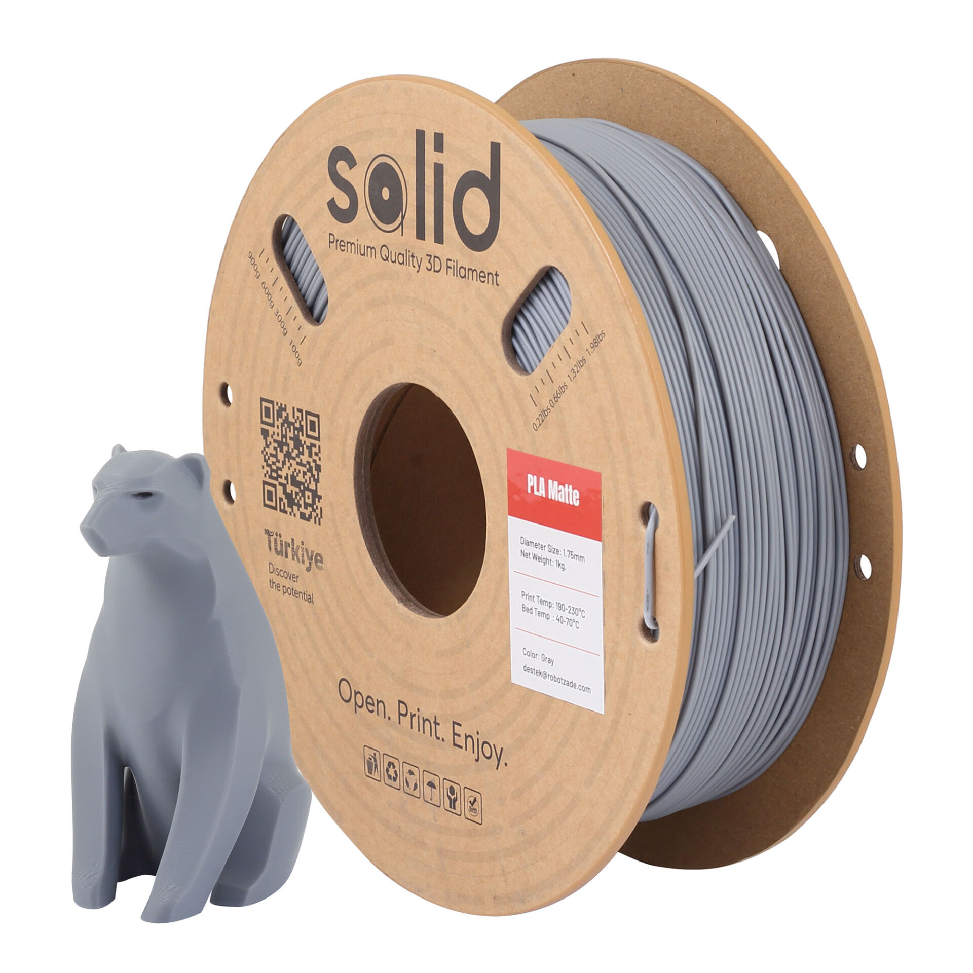 Solid PLA Matte Gri Filament 1.75mm - 1Kg