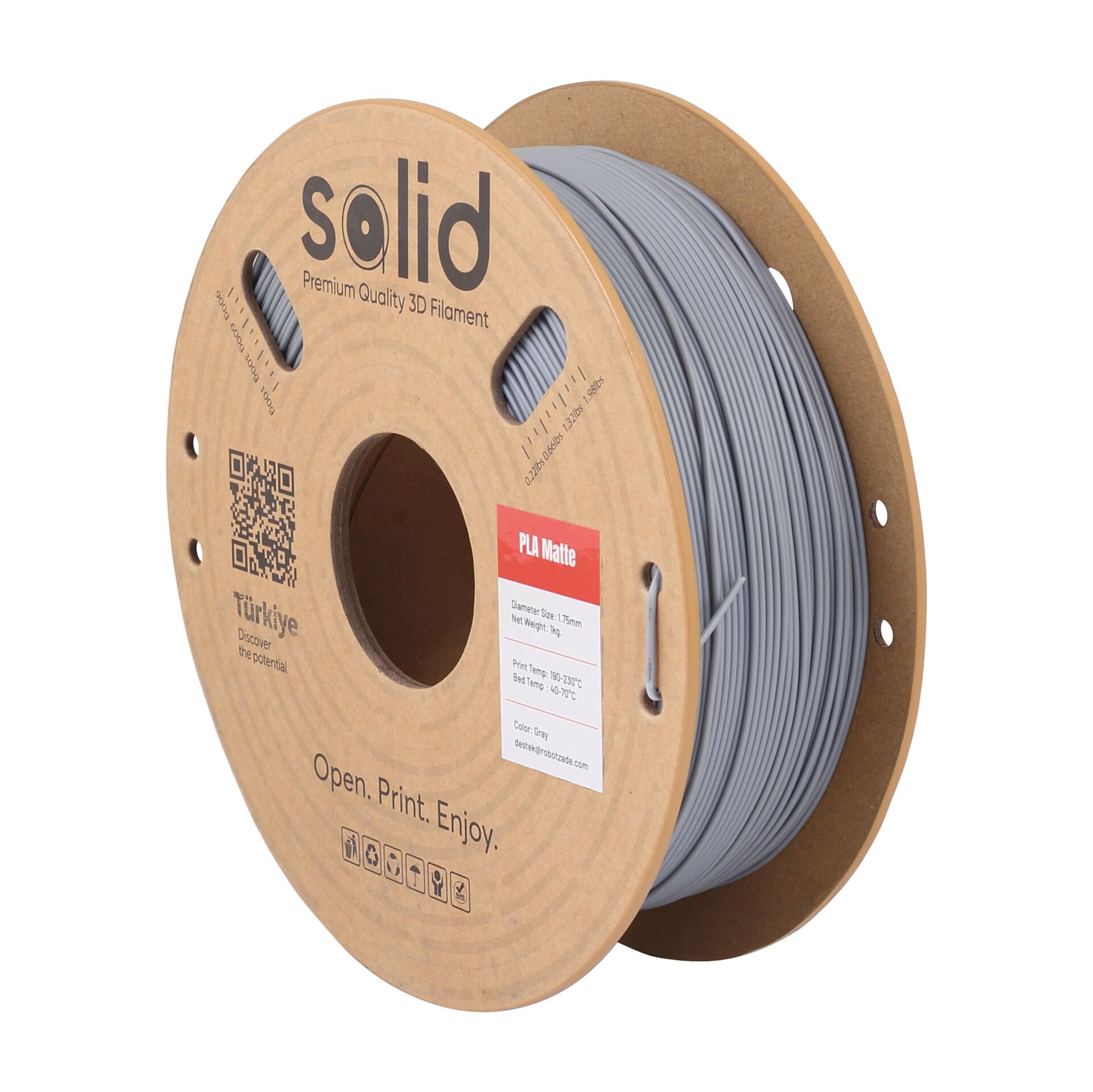 Solid PLA Matte Gri Filament 1.75mm - 1Kg