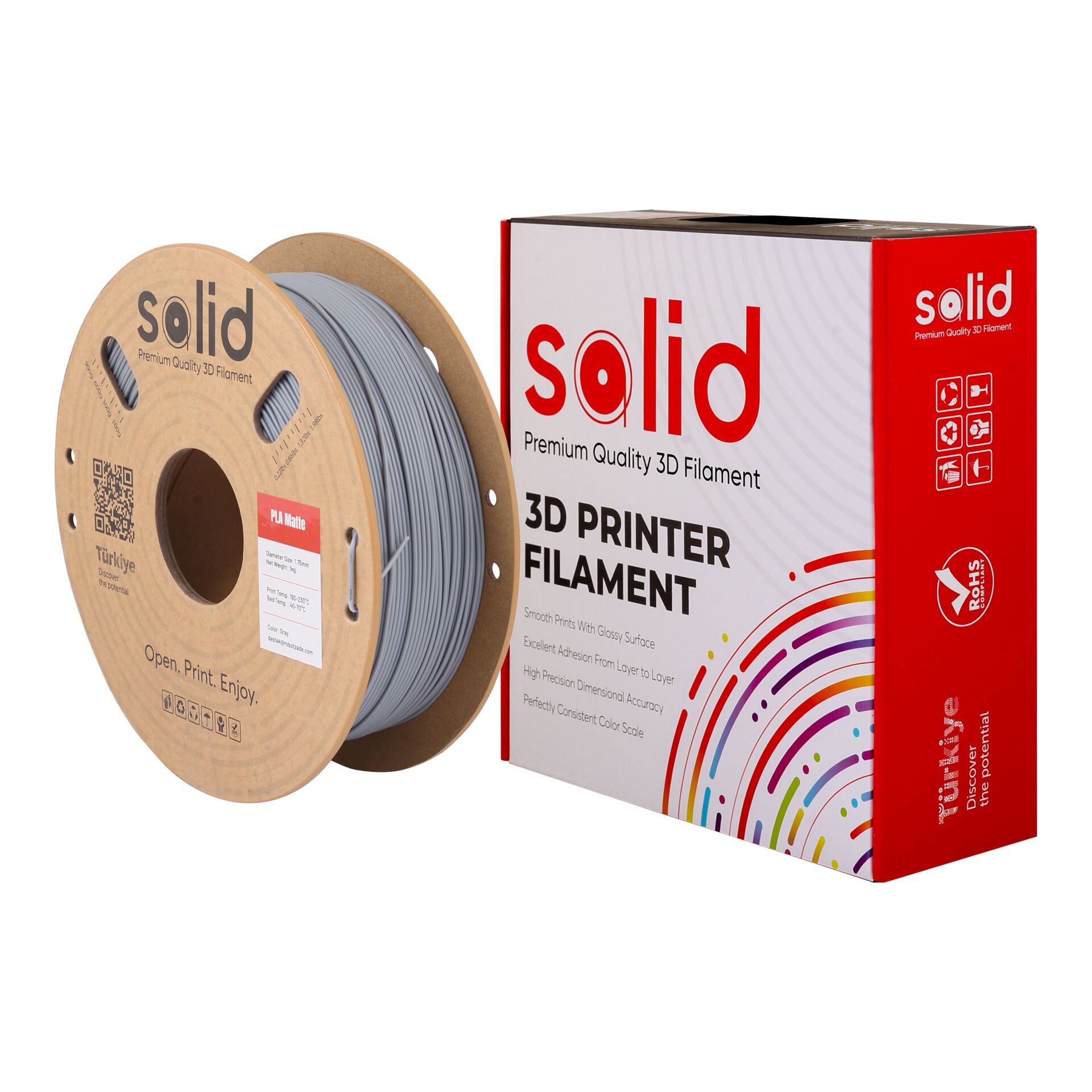 Solid PLA Matte Gri Filament 1.75mm - 1Kg