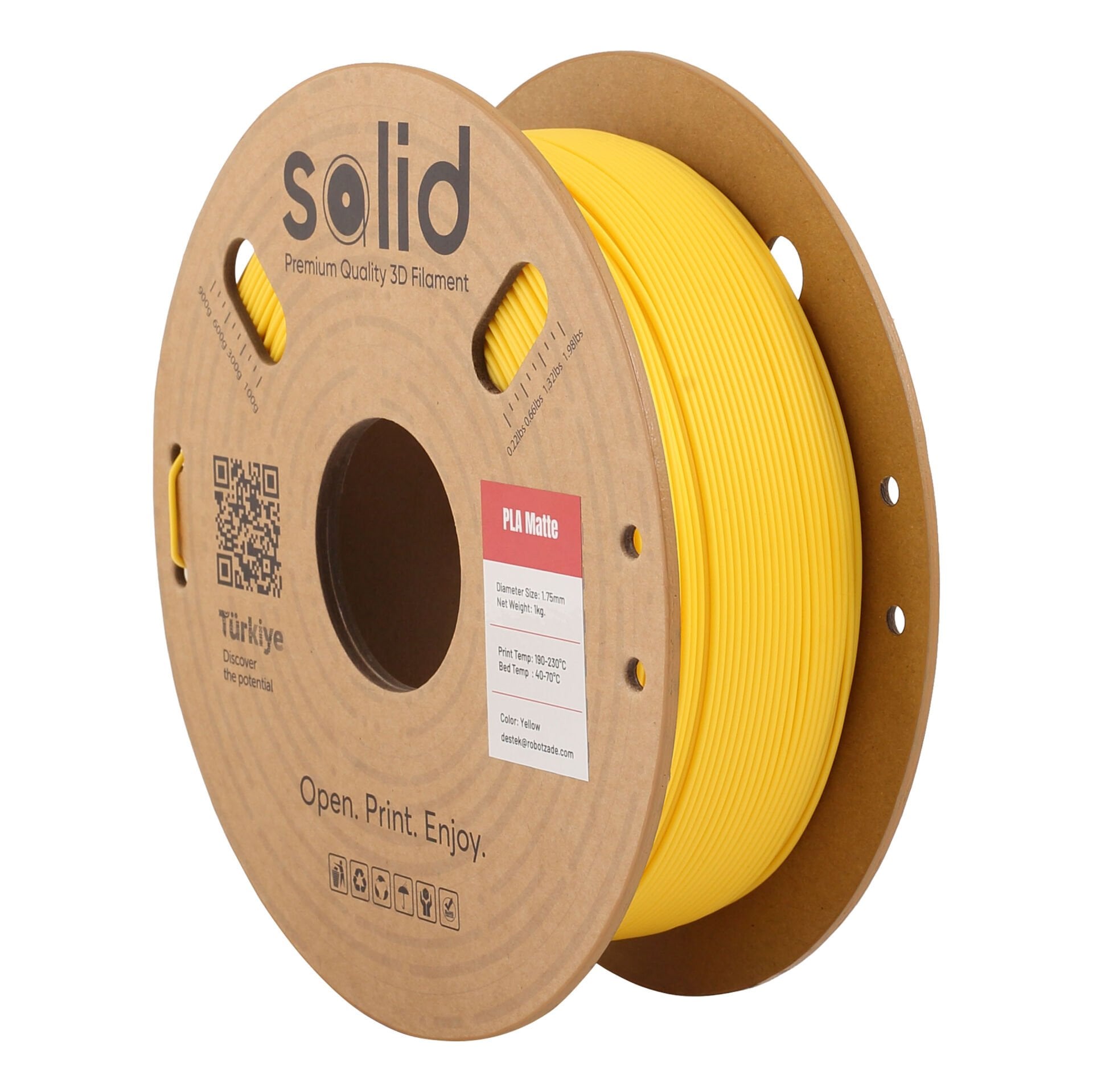 Solid PLA Matte Sarı Filament 1.75mm - 1Kg