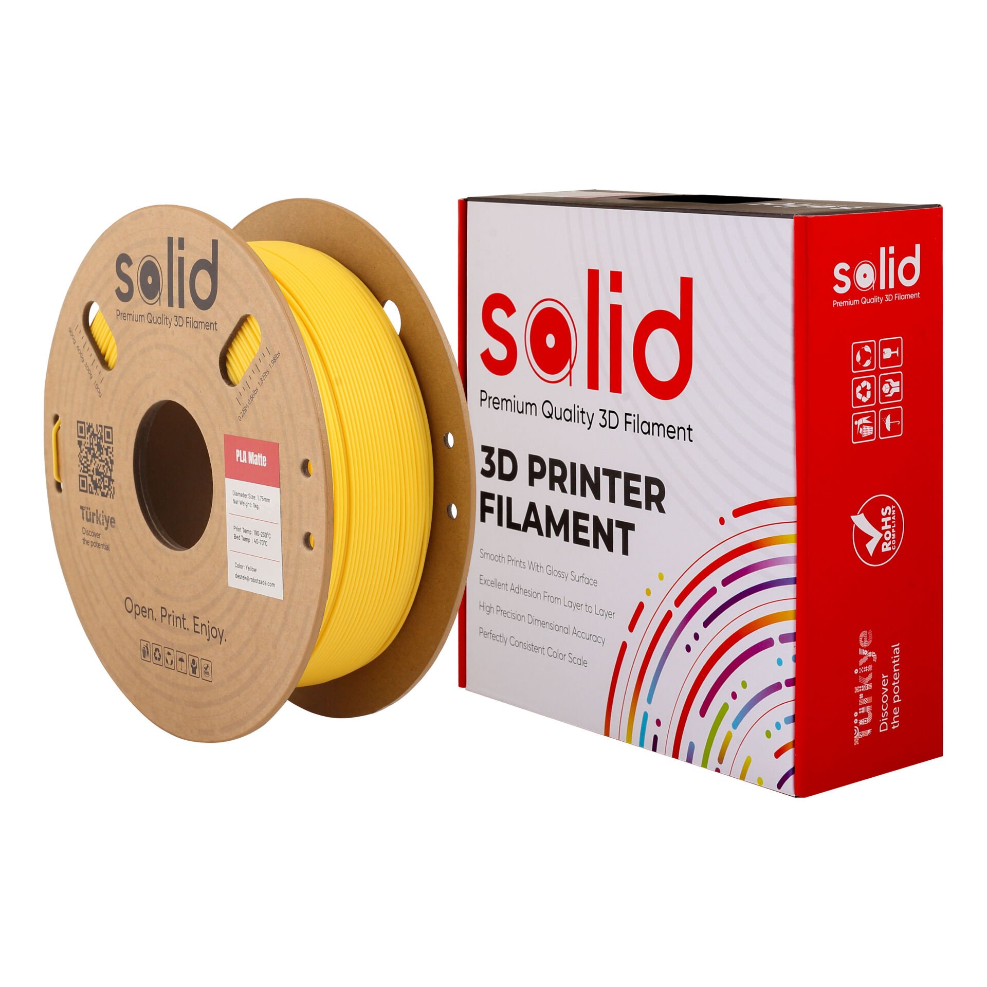 Solid PLA Matte Sarı Filament 1.75mm - 1Kg
