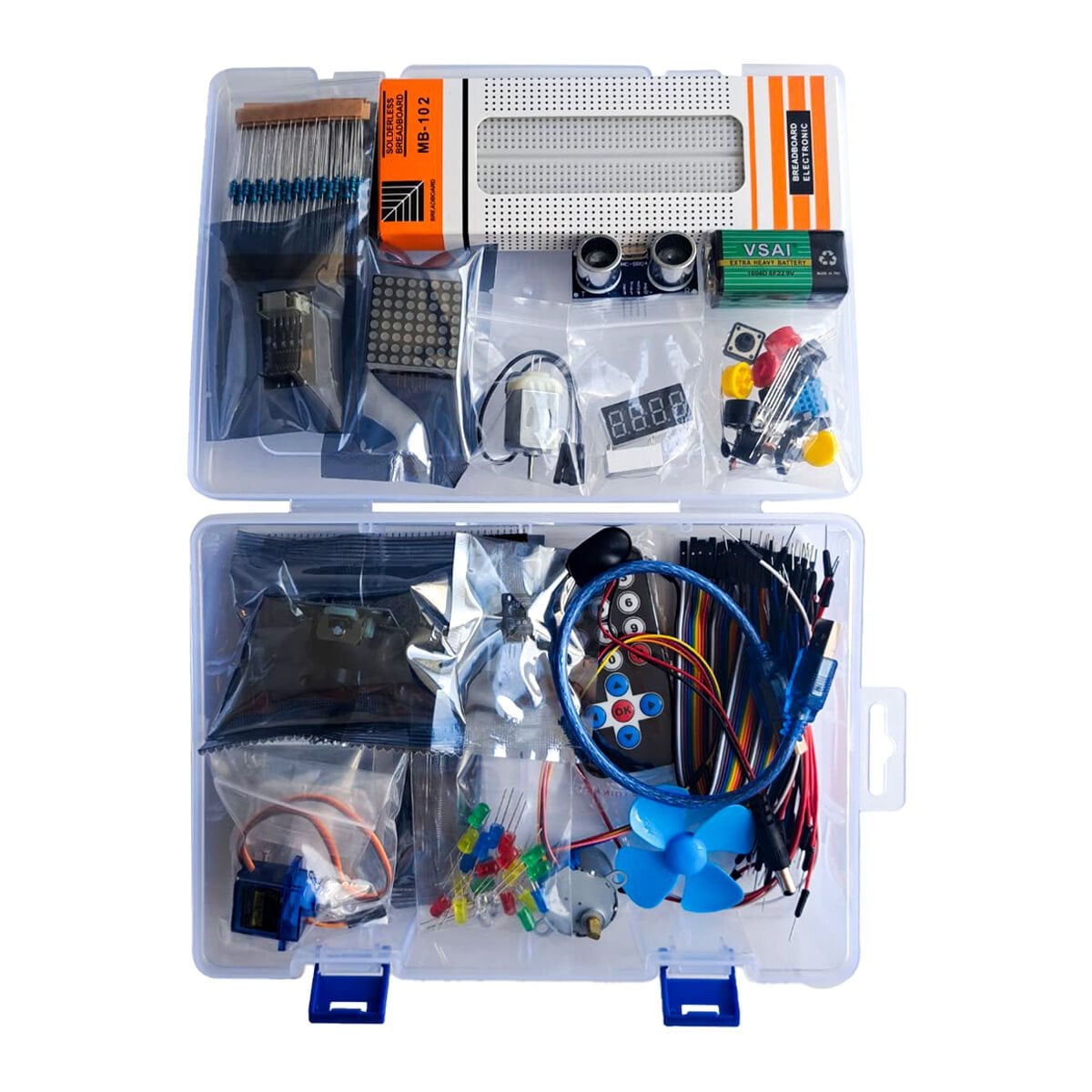 Robotzade Arduino eğitim seti, bölmeli kutuda breadboard, sensörler, LED'ler, servo, step motor ve IR kumanda