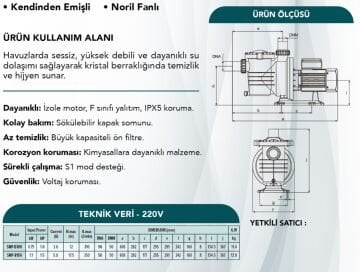 Havuz Pompası 1.5HP 220V - Sessiz Kendinden Emişli Havuz Motoru