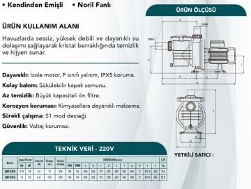 Havuz Pompası 1 HP 220V - Sessiz Kendinden Emişli Havuz Motoru