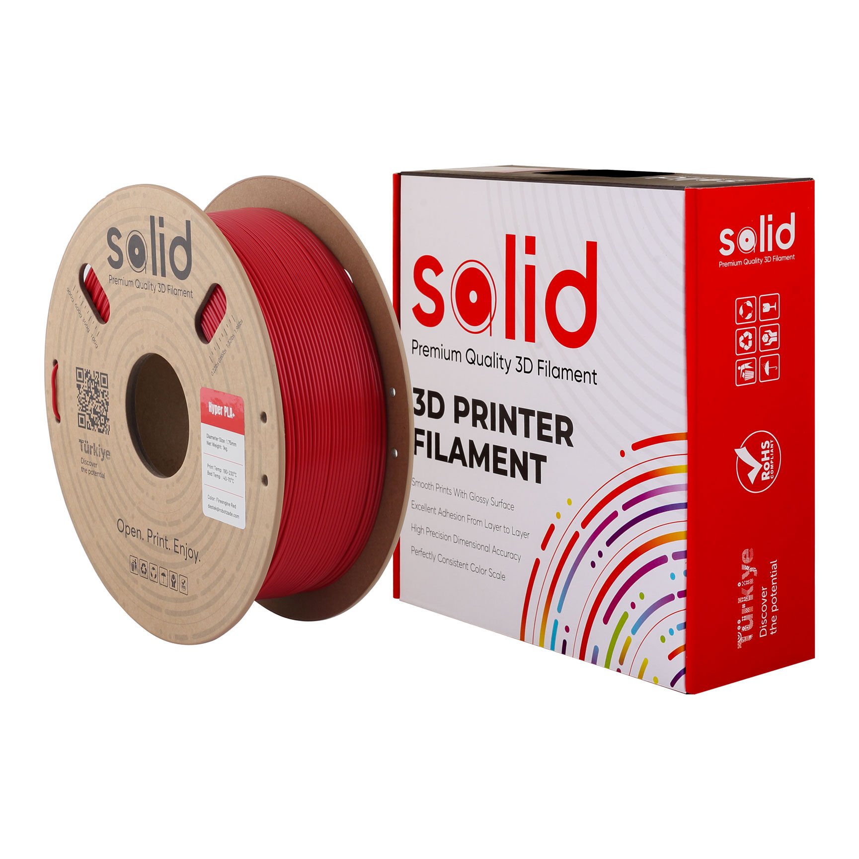 Solid Hyper PLA+ İtfaiye Kırmızısı filament makarası ve karton kutusu