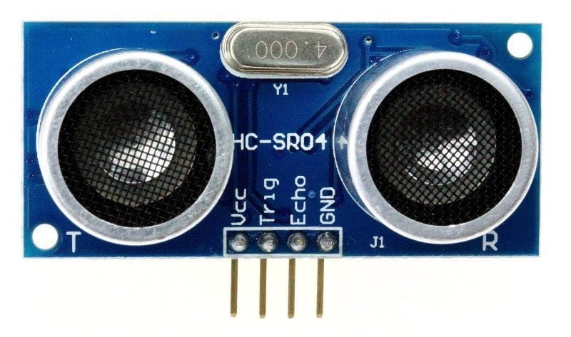 HC-SR04 ultrasonik mesafe sensörü ön yüzü: T verici ve R alıcı, altta VCC, Trig, Echo, GND pinleri