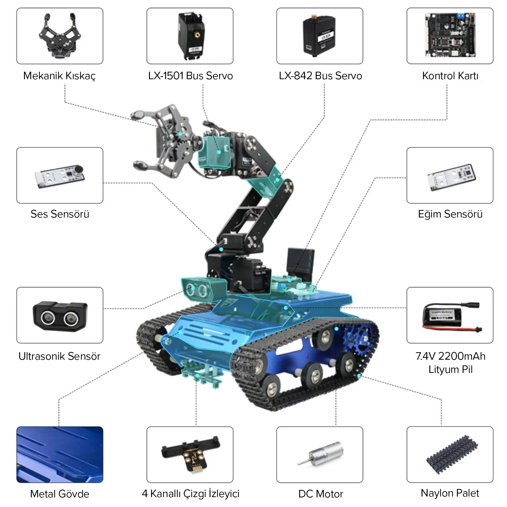 Paletli Tank Robot ve Robot Kol Seti STM32