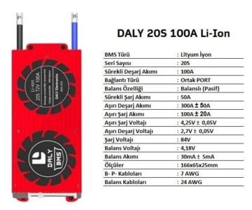 Daly BMS Li-ion Kontrol Devresi 20S 72V 100A