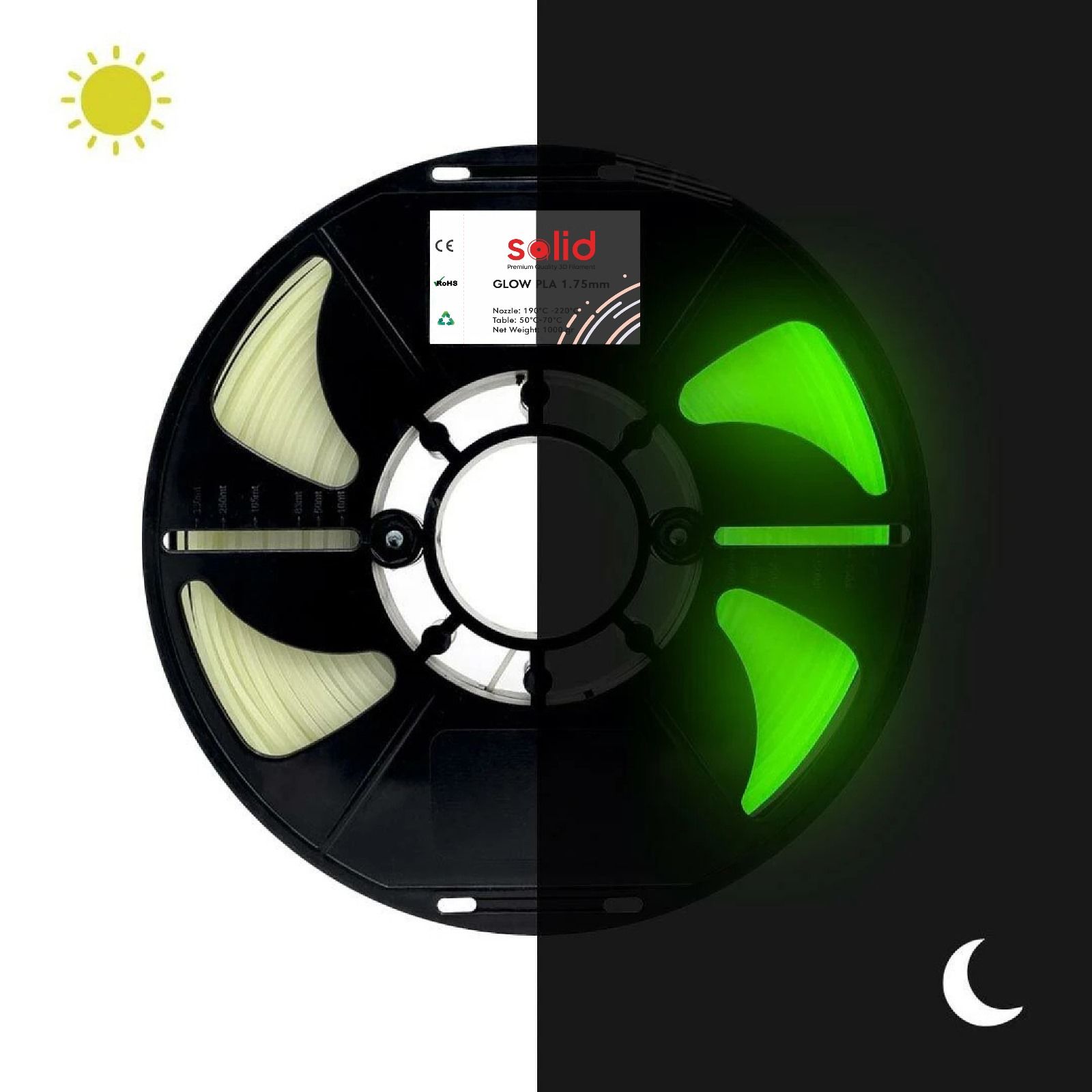 Solid Filament Glow PLA 1.75mm Yeşil 1Kg