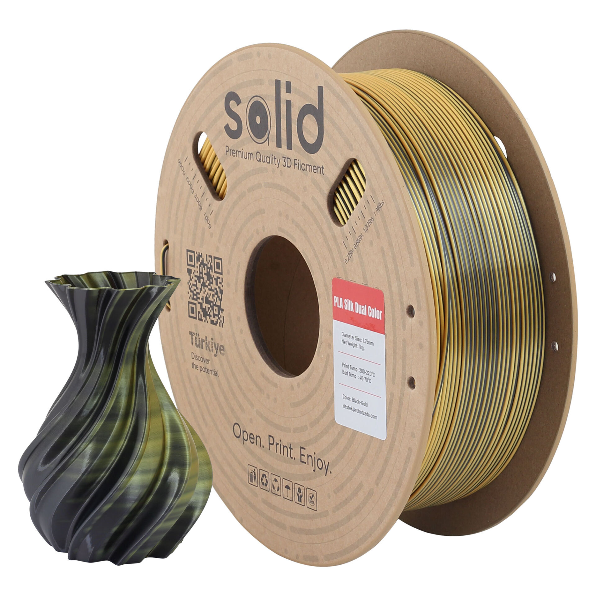 Solid Çift Renkli Silk PLA Filament Siyah/Altın 1.75mm - 1Kg