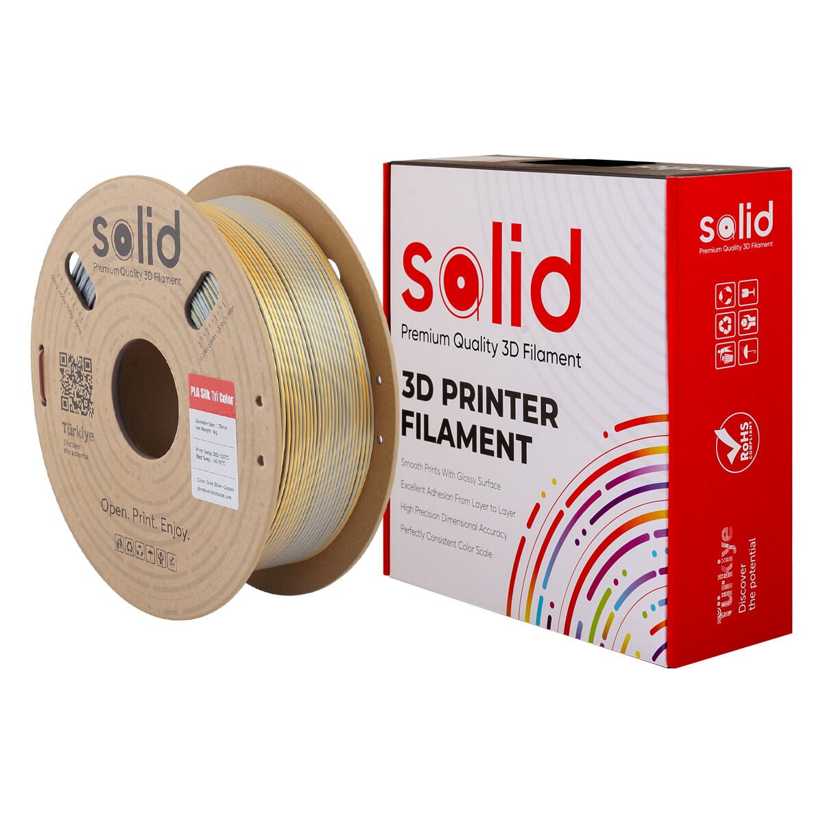 Solid Üç Renkli Silk PLA Filament Altın/Gümüş/Bakır - 1.75mm - 1Kg