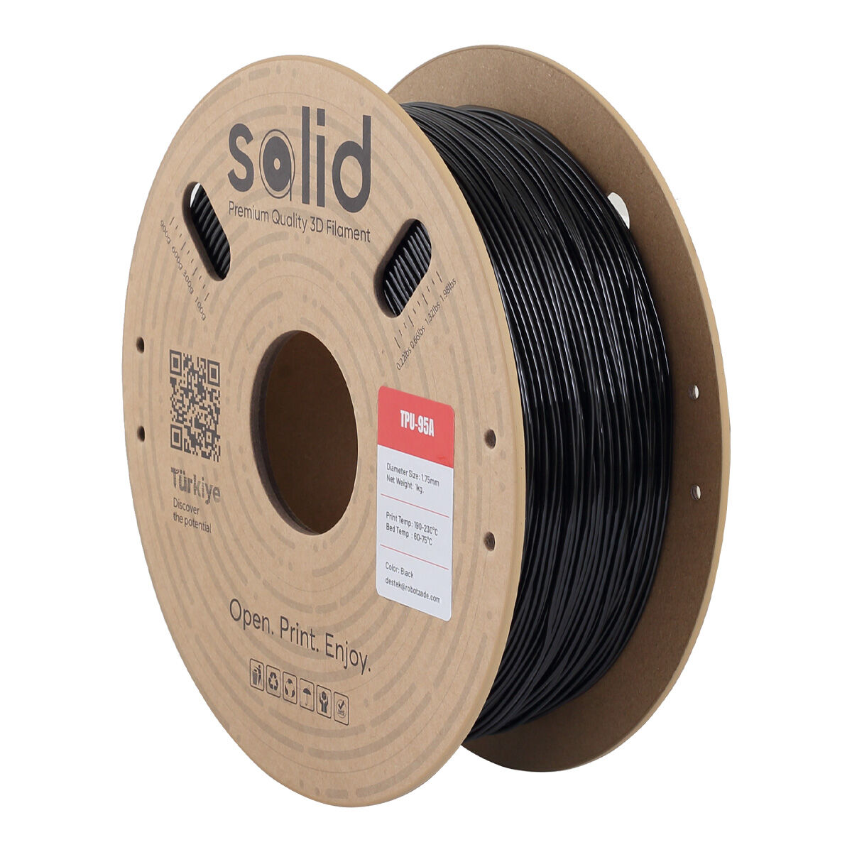 Solid TPU 95A Flex Siyah Filament 1.75mm - 1Kg