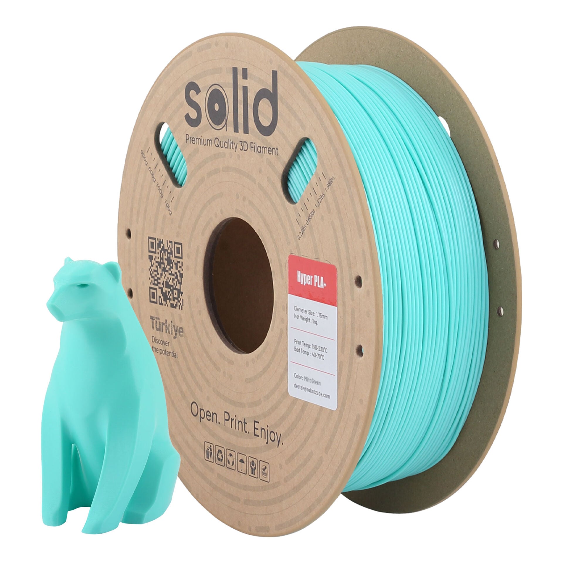 Solid Hyper PLA+ Nane Yeşili filament makarası ve bu filamentle basılmış low-poly figür