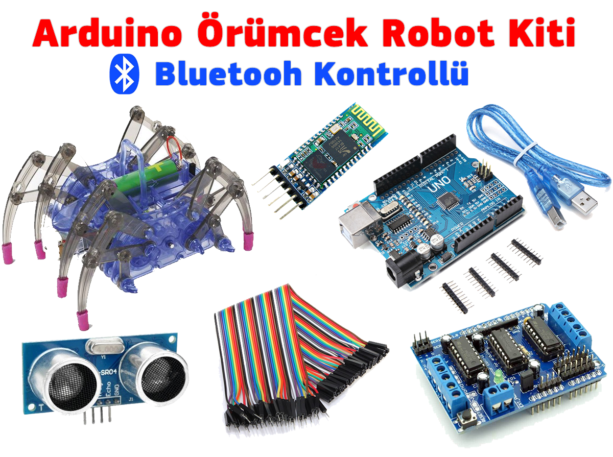 Arduino örümcek robot kiti Bluetooth kontrollü set içeriği: örümcek robot gövdesi, HC-05 Bluetooth modülü, Arduino Uno ve USB kablosu, motor sürücü shield, HC-SR04 sensör ve jumper kablolar
