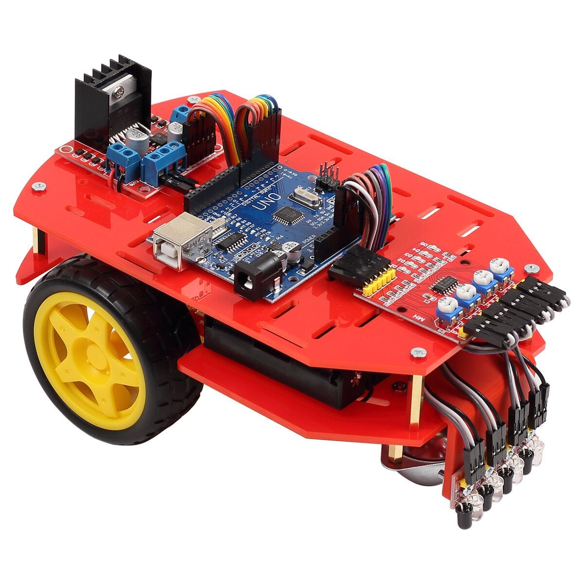 Arduino çizgi izleyen robot kiti montajlı hali: kırmızı iki katlı platform, Arduino UNO, L298N motor sürücü ve önde 4'lü çizgi sensörü