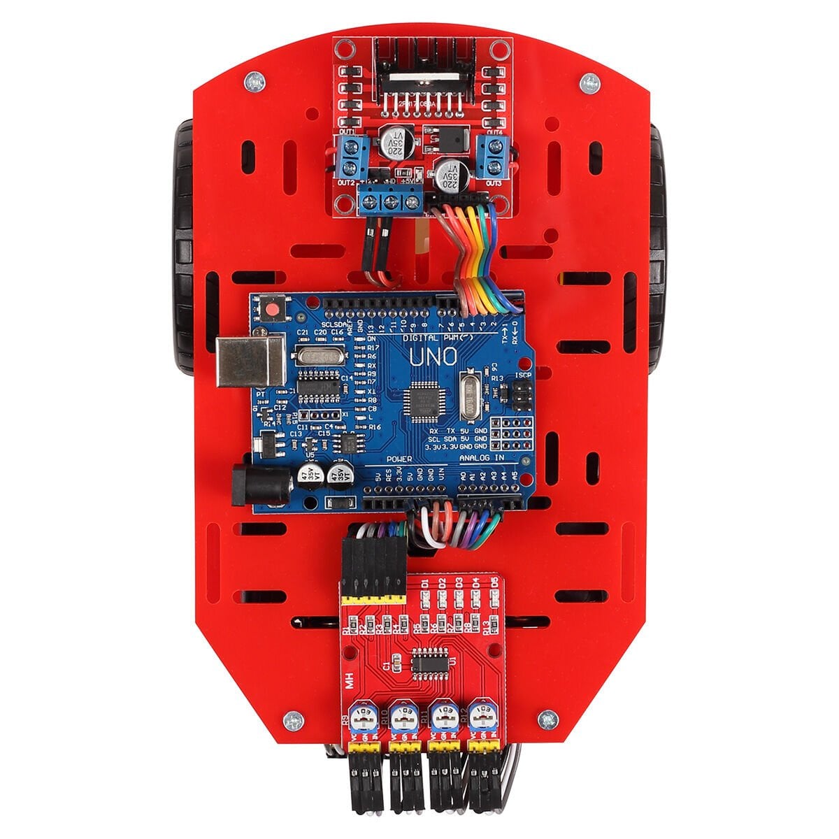 Robotun üstten görünümü: arkada L298N motor sürücü, ortada Arduino UNO, önde 4'lü sensör kartı